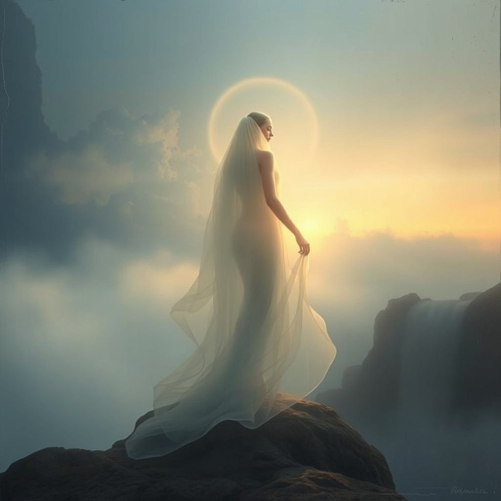 Ethereal Figure Steps Into Dreamscape at Twilight