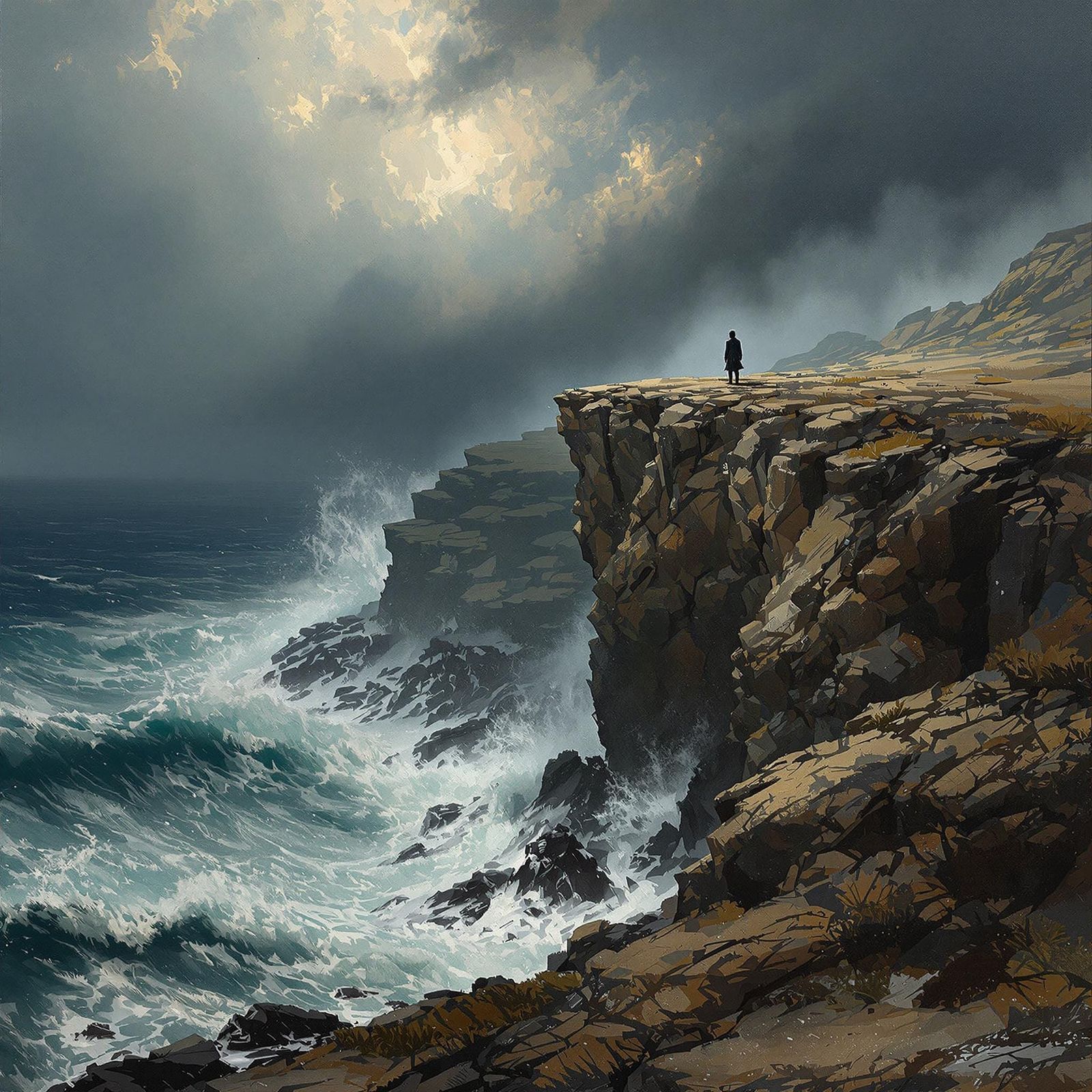 Figure Standing on Cliff Edge, Stormy Seascape in Cinematic ...