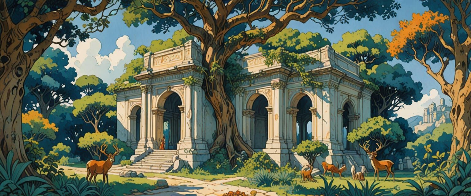 Ancient Temple Ruins in Watercolor Comic Style