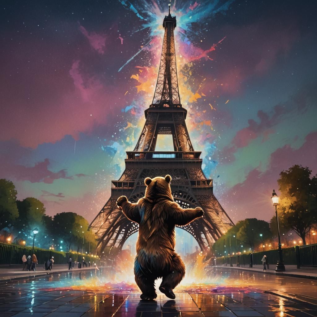 Dancing Bear at the Eiffel Tower: Hyperrealistic Splash Art