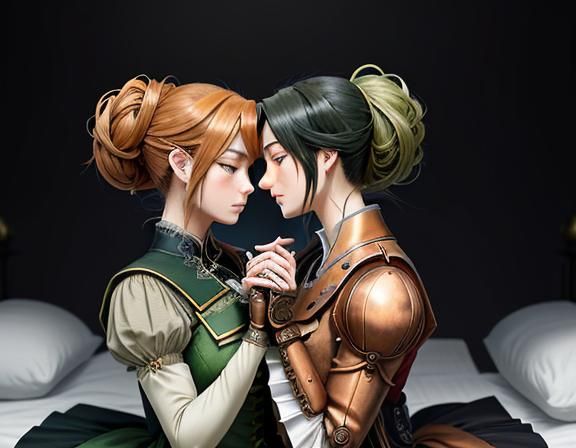 Steampunk Twin Sisters Kiss in Manga Style