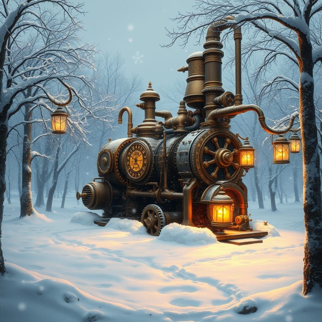 Surreal Steampunk Engine in Winter Wonderland Scene