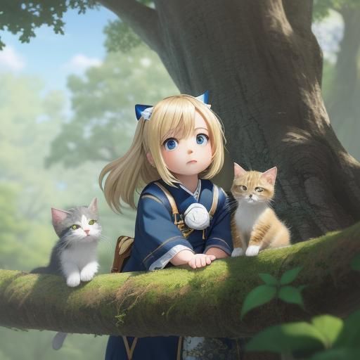 Girl and Kitten in Tree, 3D Anime Art