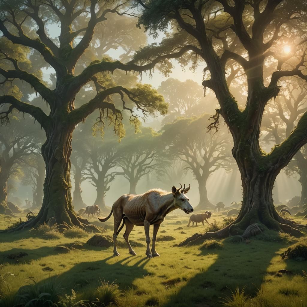 Emaciated Quadruped on Prehistoric Grassland in Ethereal Sty...