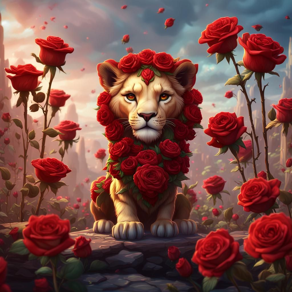 Chibi Lioness Queen with Roses: Detailed Digital Art