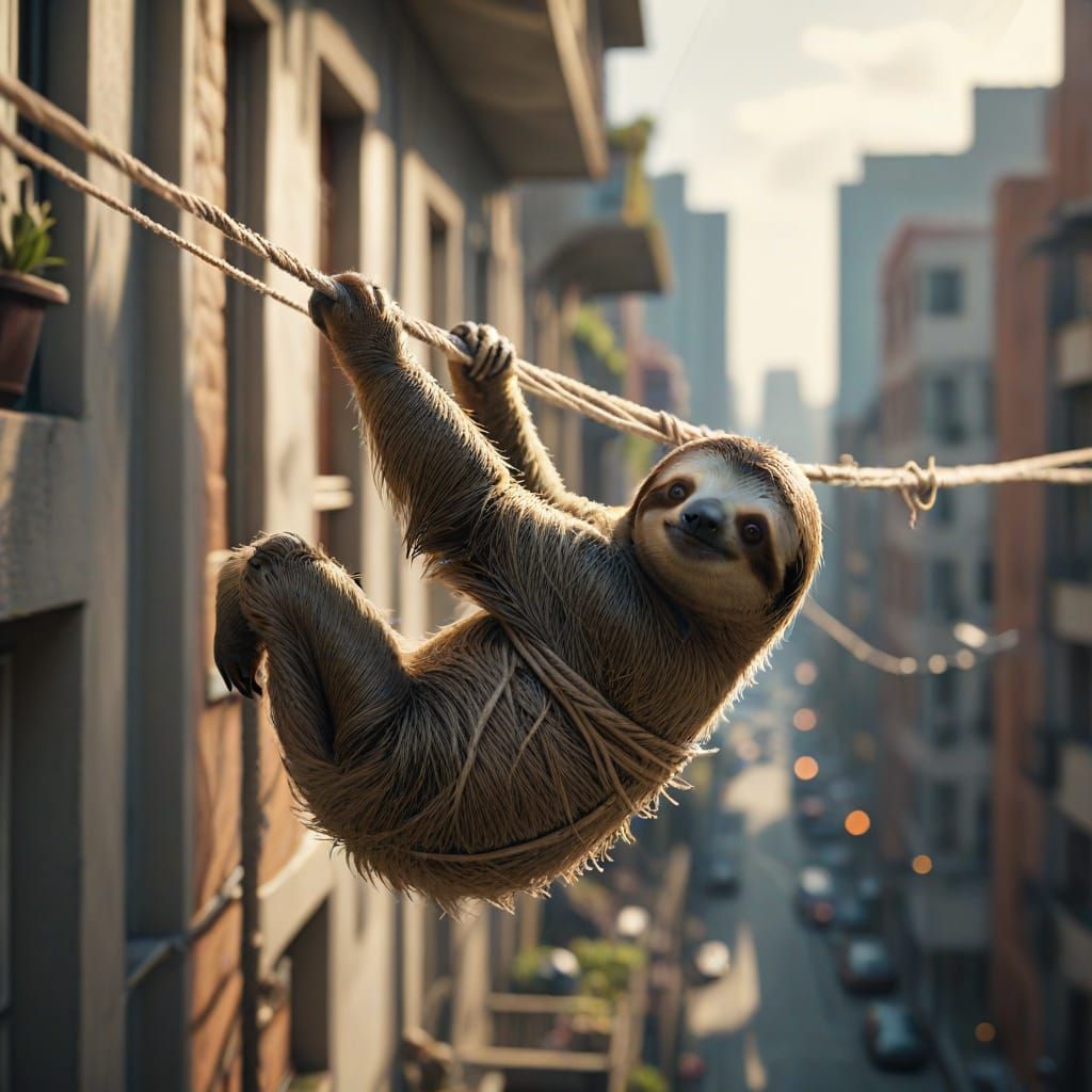 Sloth Balances on Clotheslines Between City Balconies