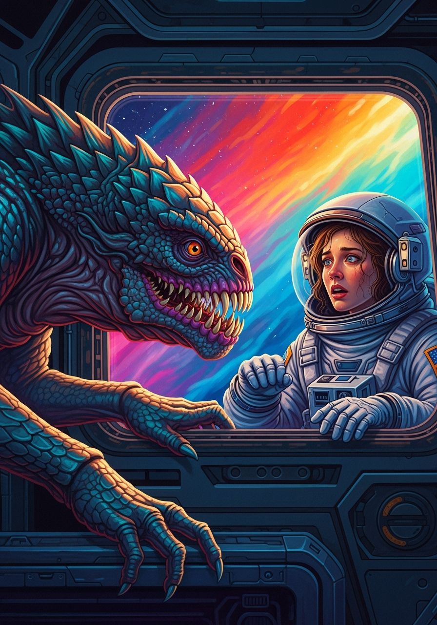 Terrified Astronaut and Alien Creature in Hyperrealistic Sty...