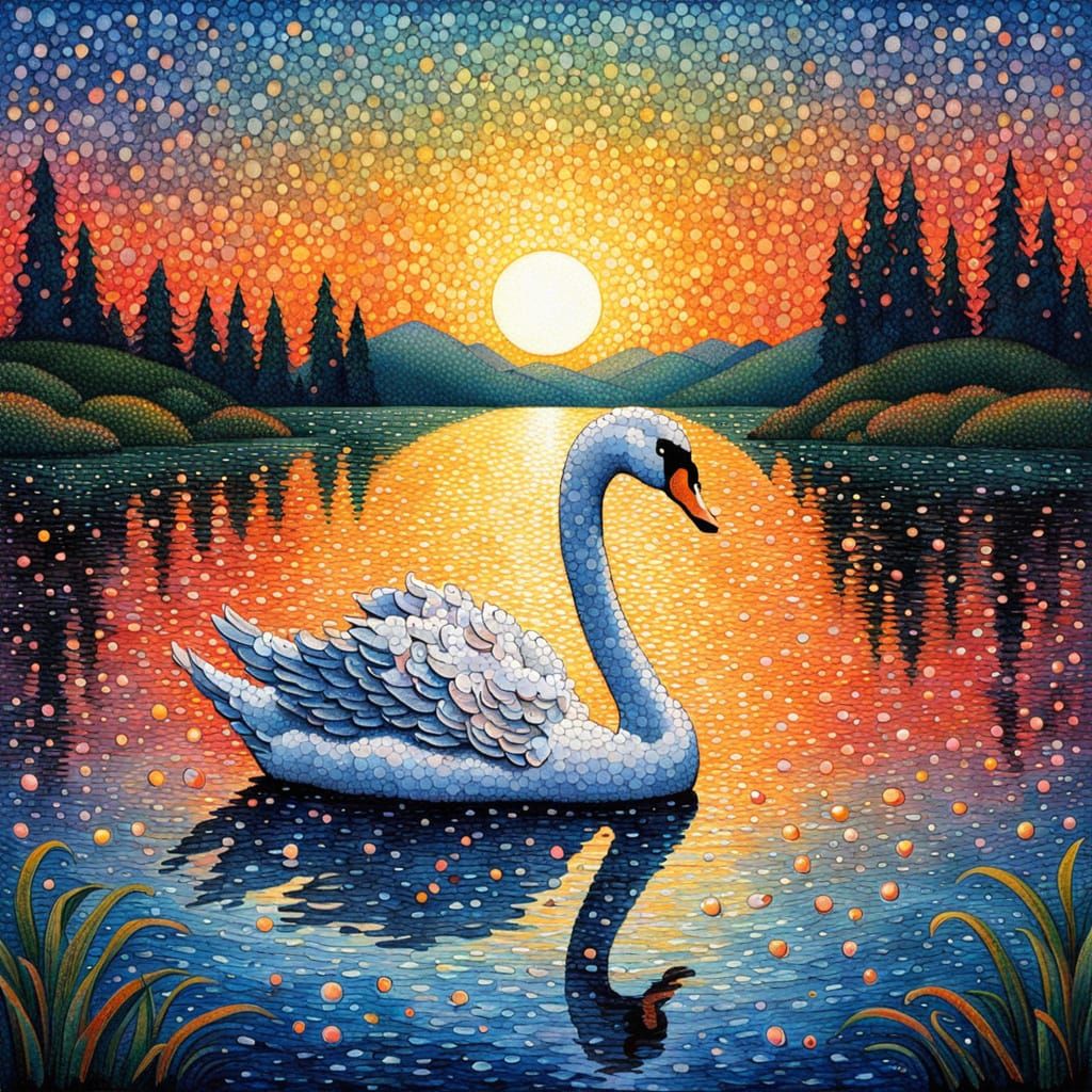 Swan at Sunset: A Pointillist Masterpiece