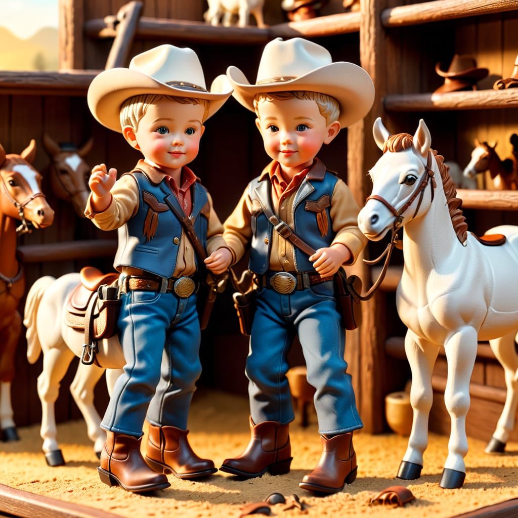 Baby Cowboys Play with Toy Horses in a Norman Rockwell-Inspi...