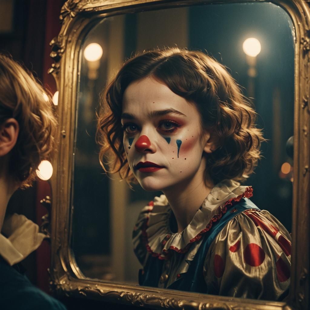 Clown Reflection in Classic Hollywood Style