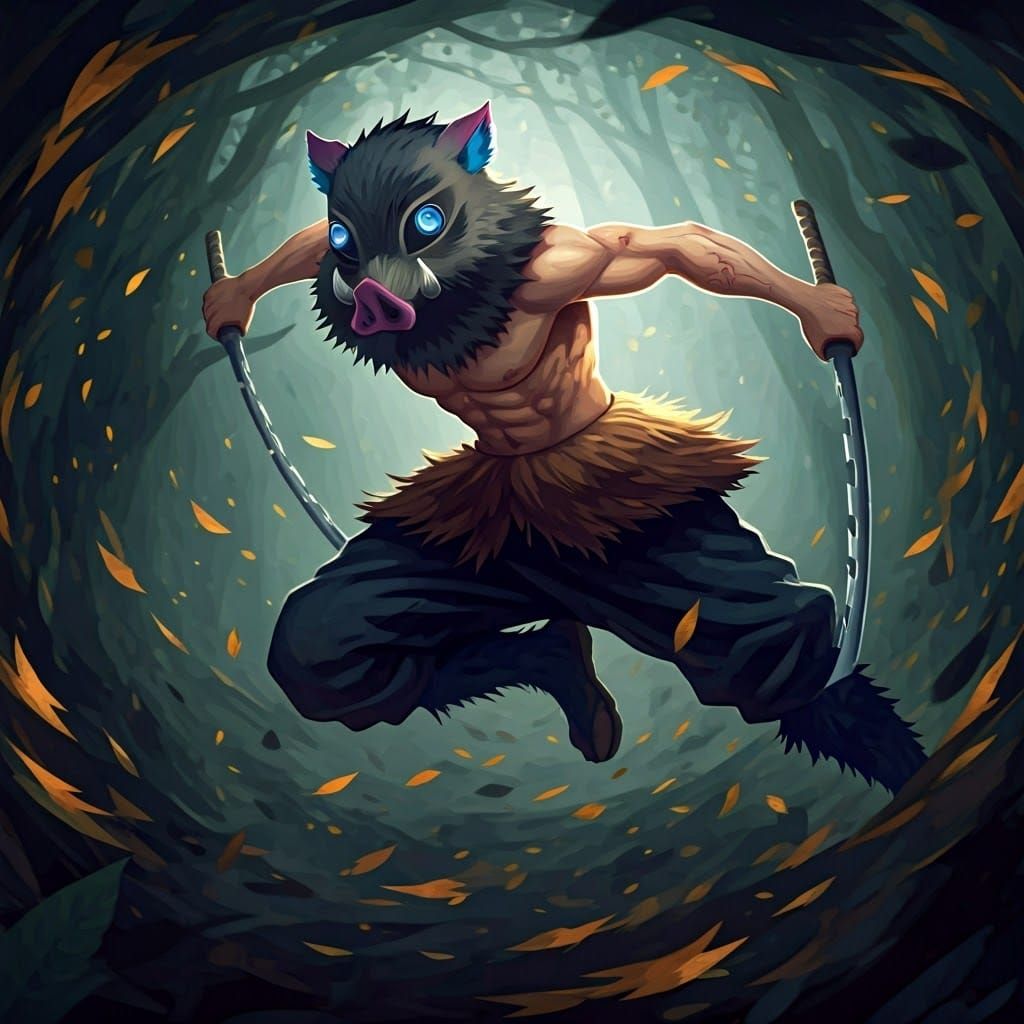 Inosuke's Fierce Spinning Attack in Misty Forest