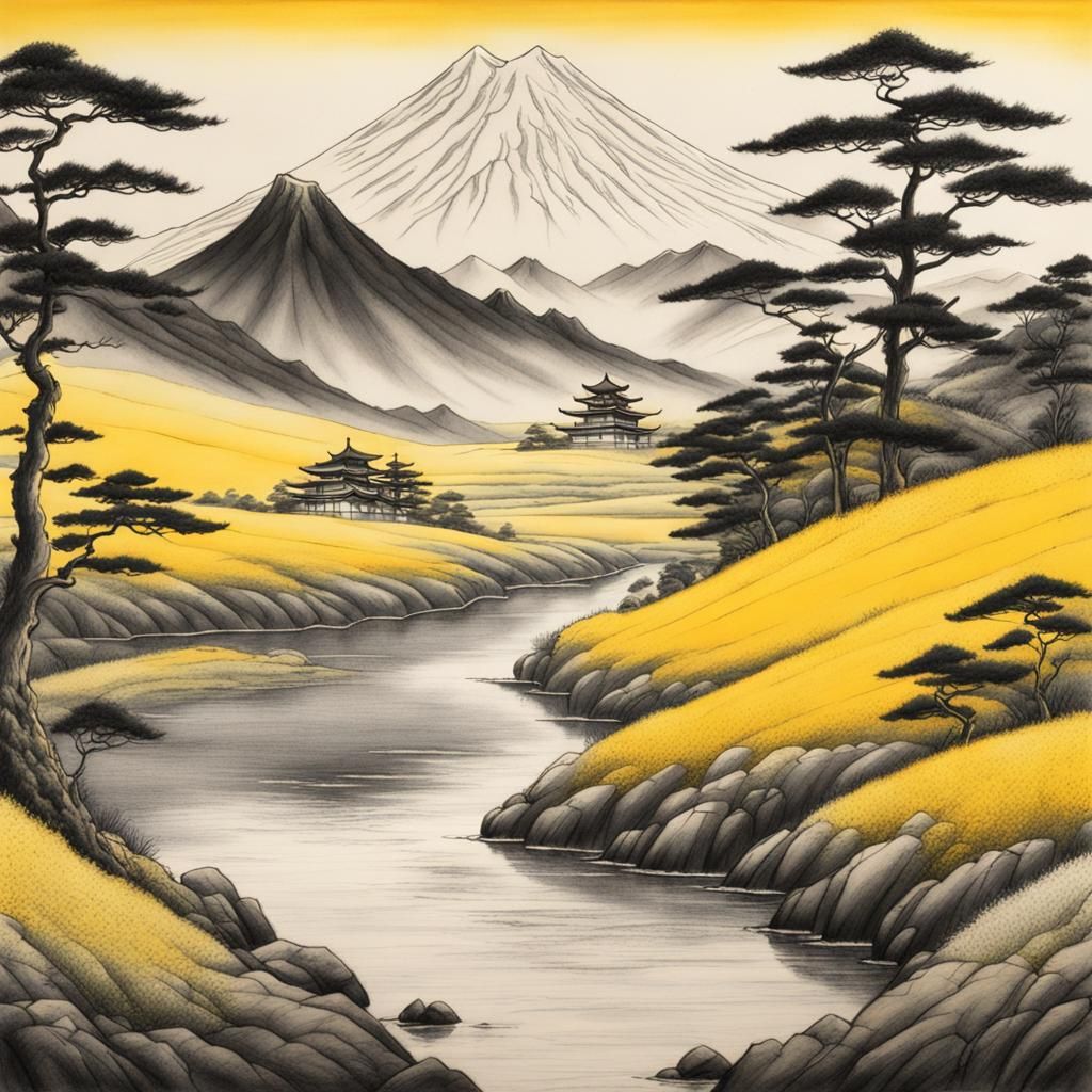 Yellow Japanese Landscape in Shin Hanga Style