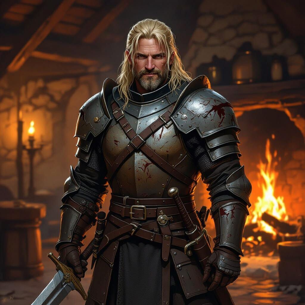 Battleworn Knight Smirks in Rustic Inn