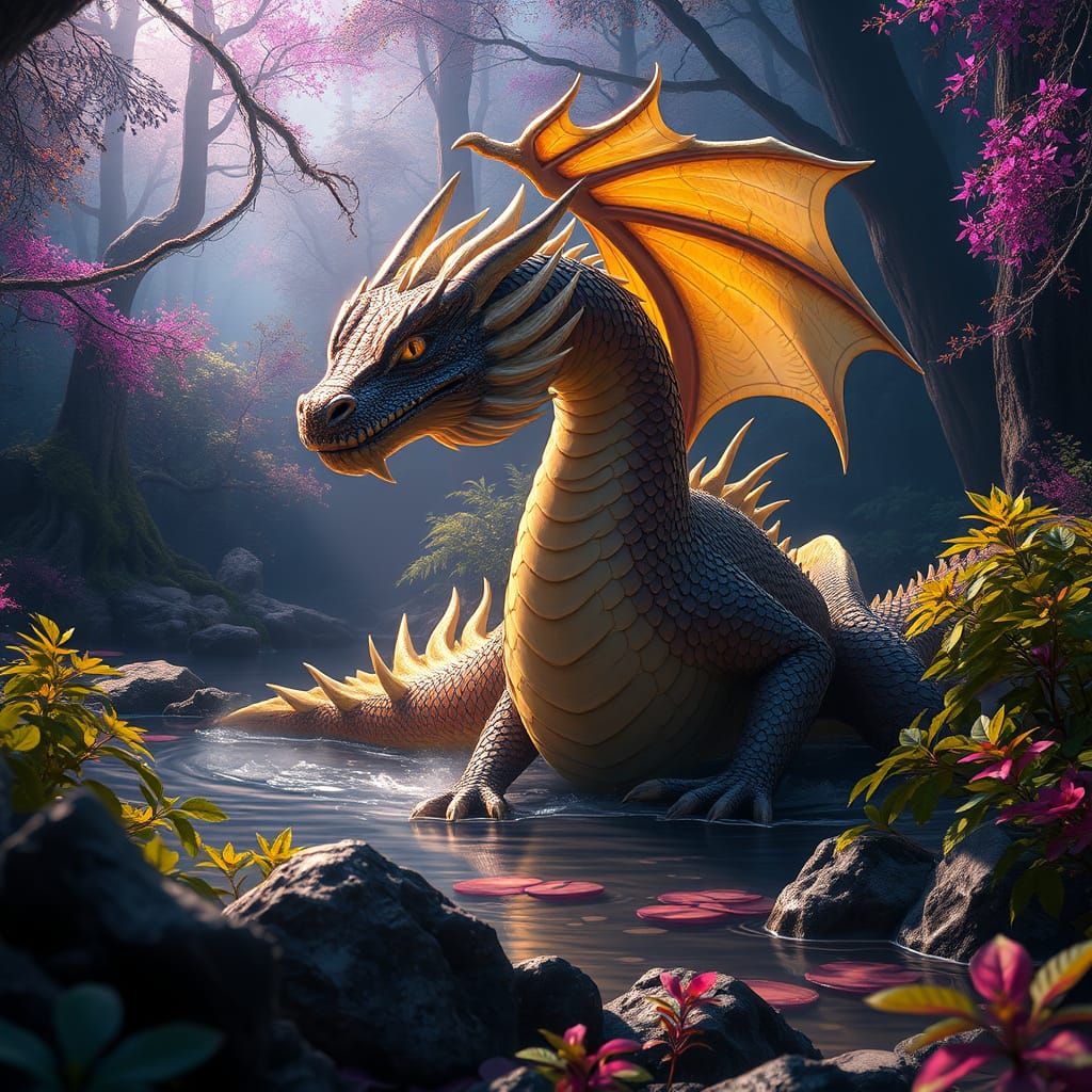Majestic Water Dragon in Mystical Forest