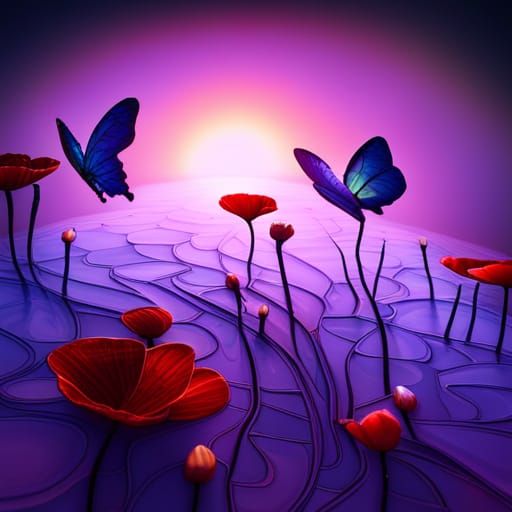 Purple Floral Butterflies in Stained Glass Style