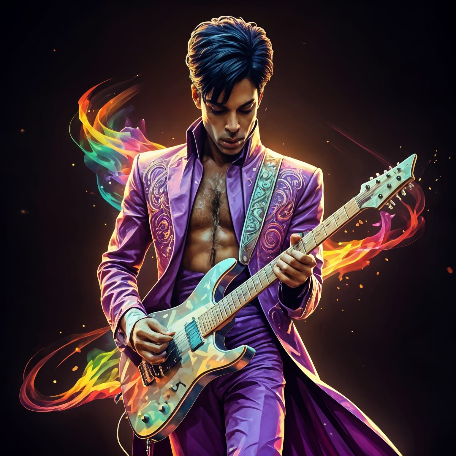 Prince Hologram Plays Guitar with Rainbow Notes