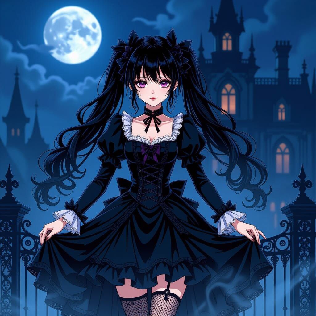 Gothic Anime Girl in Victorian Dress and Fishnets