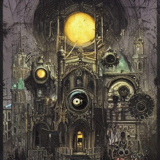 Clockwork Owl on Gothic Cathedral in Fog