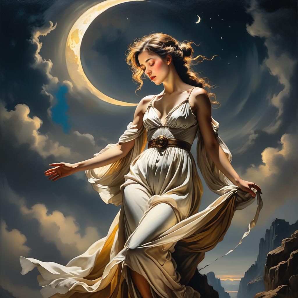 Woman Emerging from Moon, Impasto Oil Painting