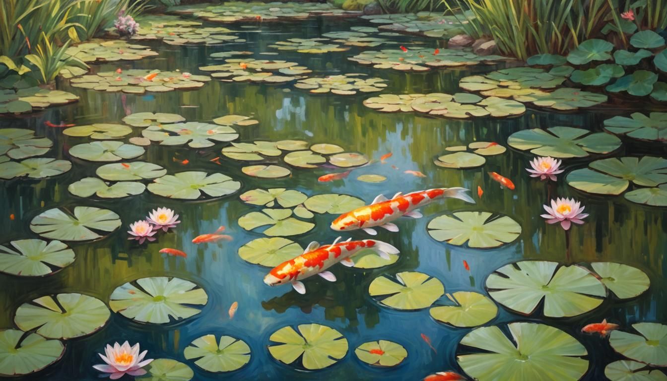 Impressionist Garden Pond with Water Lilies