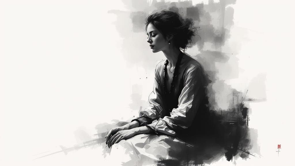 Ethereal Ink Study of a Woman in Contemplation