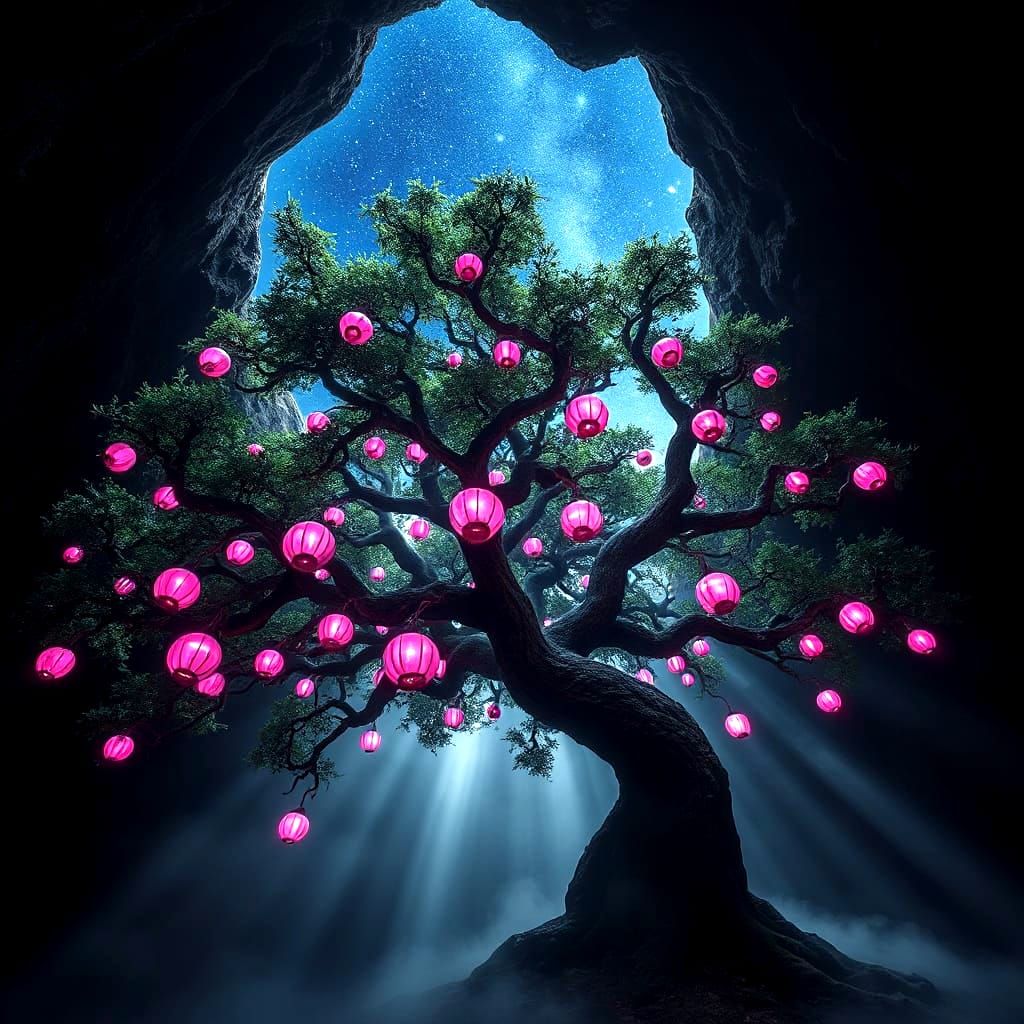 Mystical Tree Radiates Ethereal Orbs Under Celestial Skies