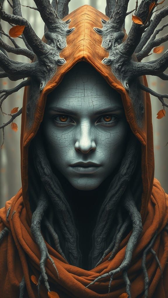 Ethereal Hooded Figure Blending with Tree-like Structures in...