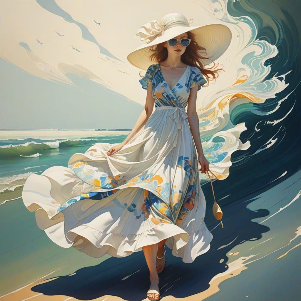 Woman in Summer Dress on Beach in Atmospheric Style