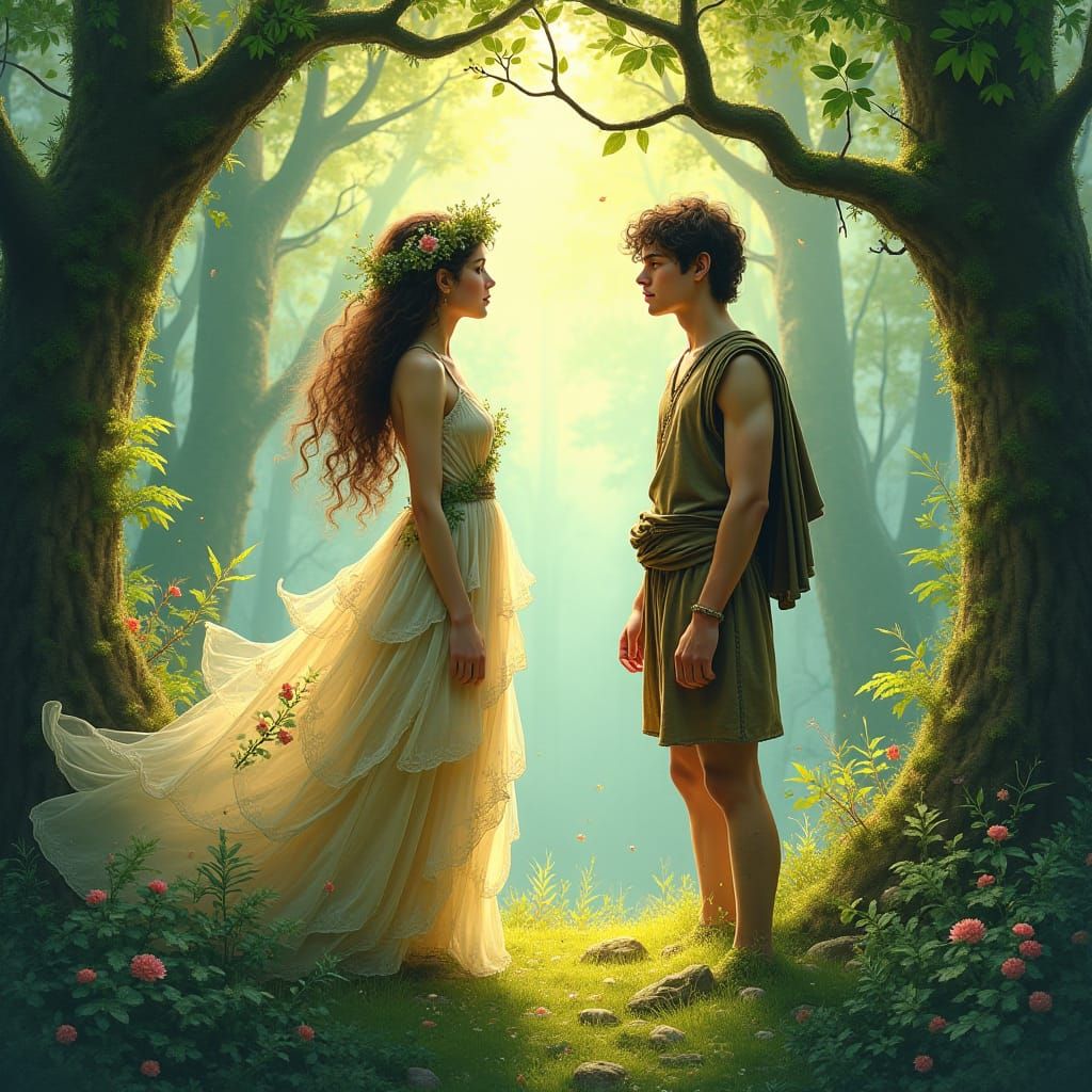 Forest Nymph and Man in Watercolor Glade