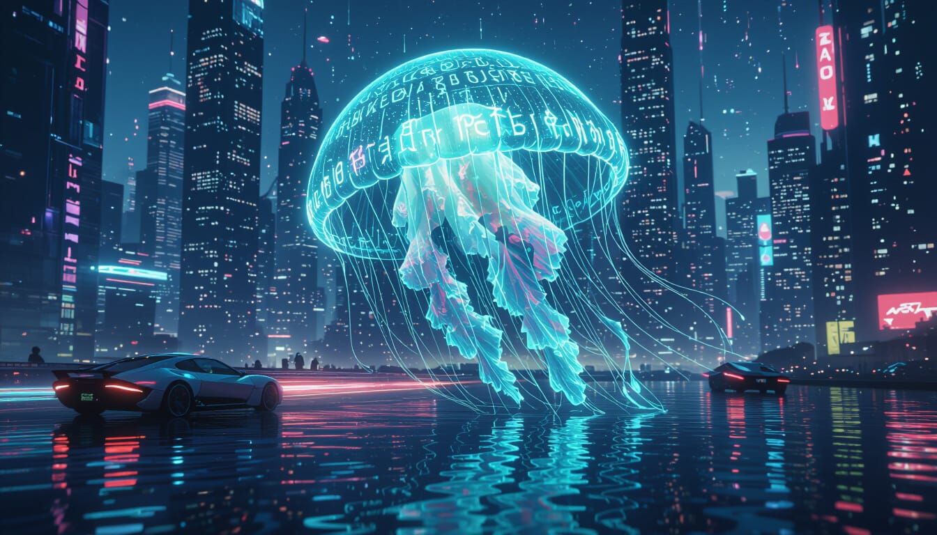Bioluminescent Jellyfish Navigating a Cyberpunk Cityscape