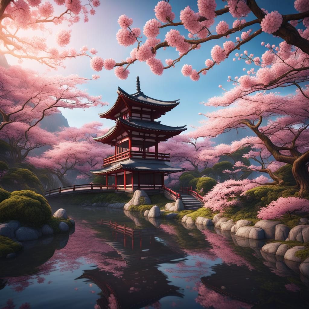 Japanese Garden with Cherry Blossoms in Full Bloom