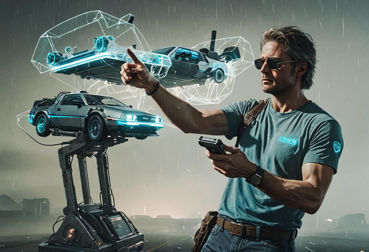 Time Travel in a Cyberpunk DeLorean Amidst a Bioluminescent...