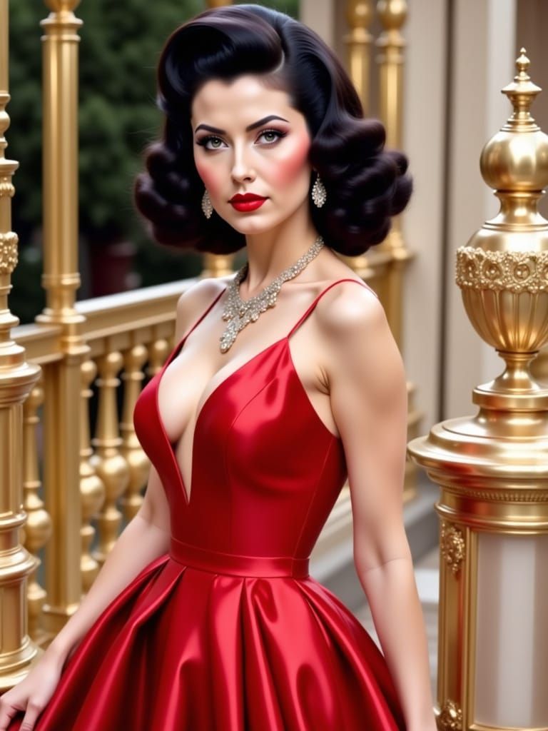 Elegant Woman in Red Evening Gown on Gold Balcony