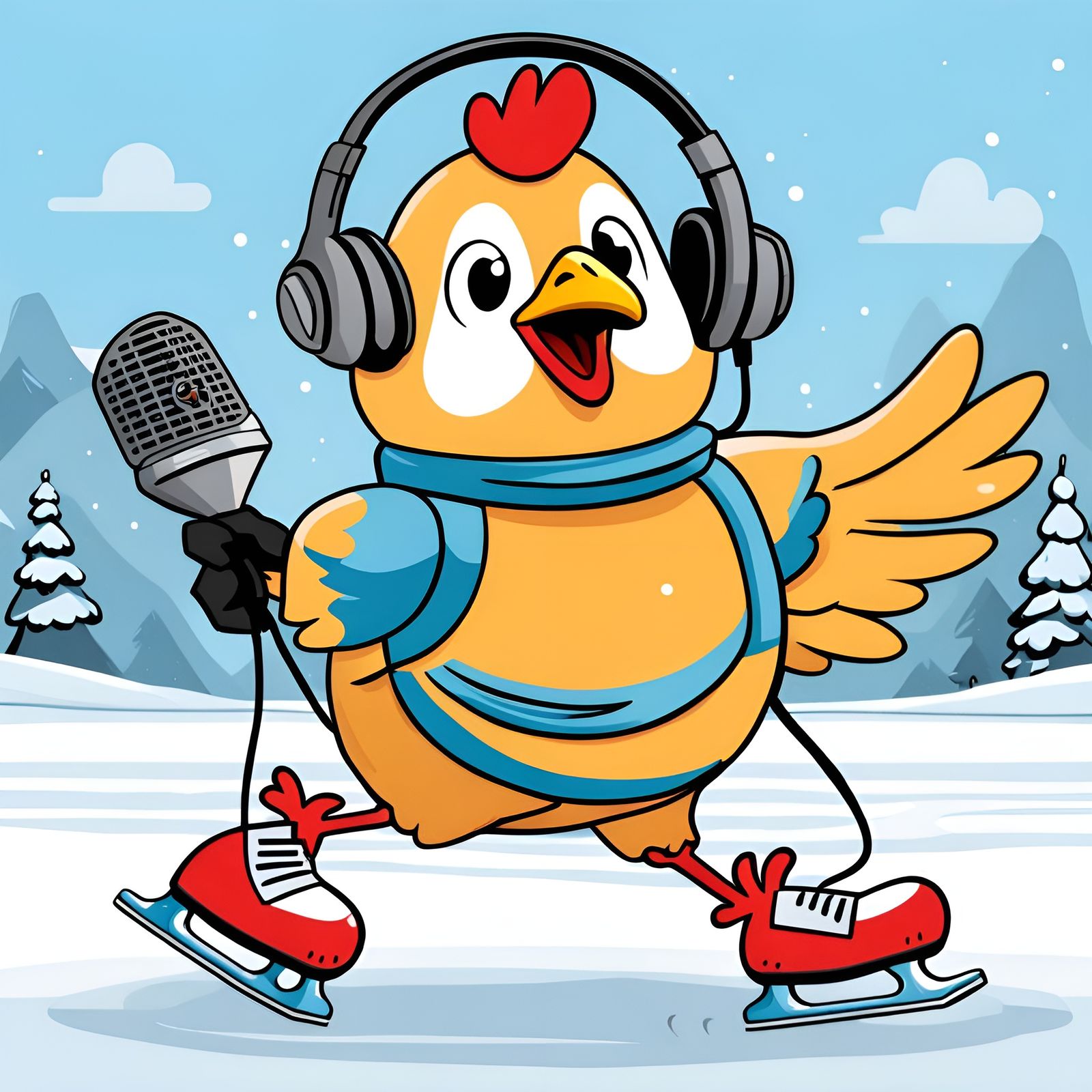 Anthropomorphic Chicken Ice Skating with Vacuum