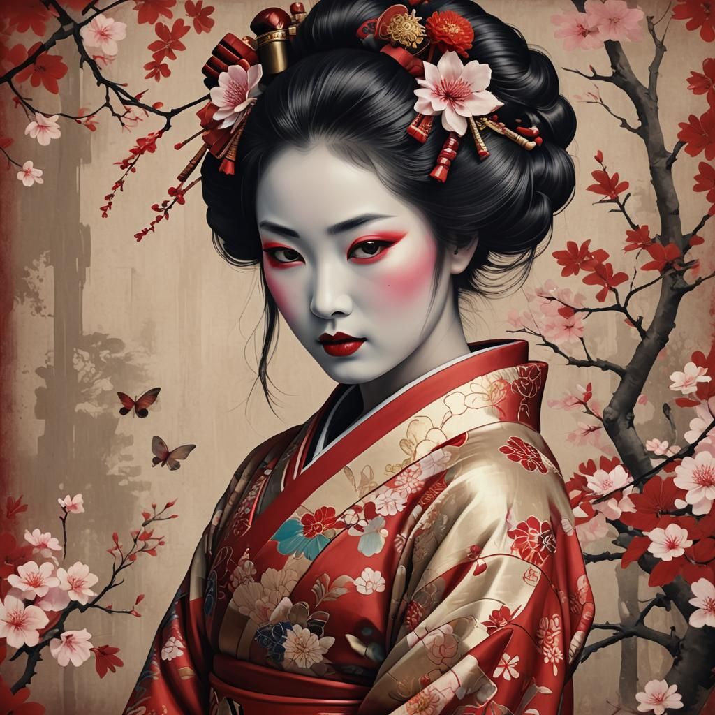 Geisha in Shades of Red: Digital Art