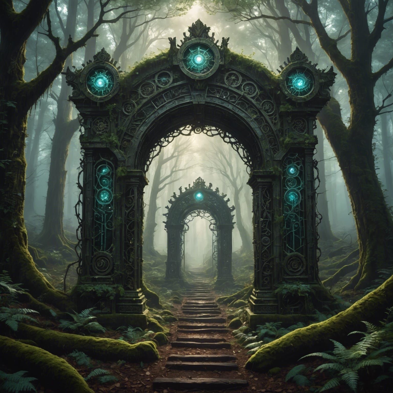 Enigmatic Gear Portal Shimmers in Ancient Forest
