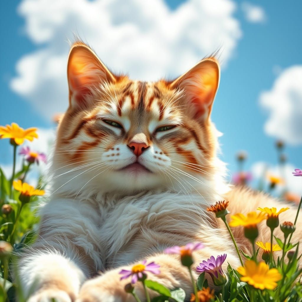 Serenely Happy Domestic Cat in a Sunny Meadow