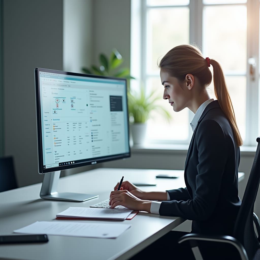Woman Using HR System in Modern Office