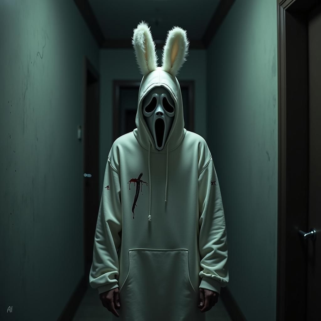 Nightmarish Ghostface Bunny in Ominous Hallway