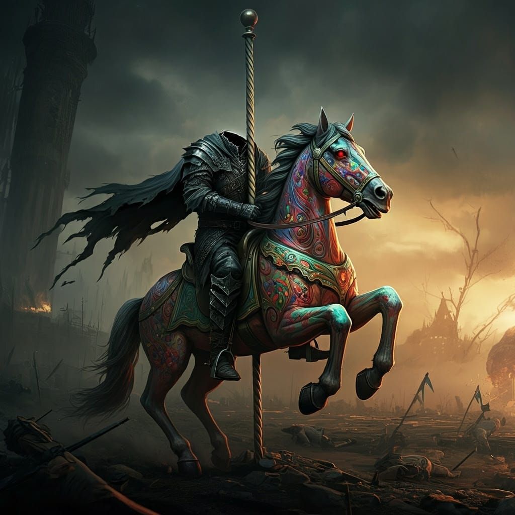 Dark Fantasy Carousel Horseman Rides into Apocalyptic Battle...