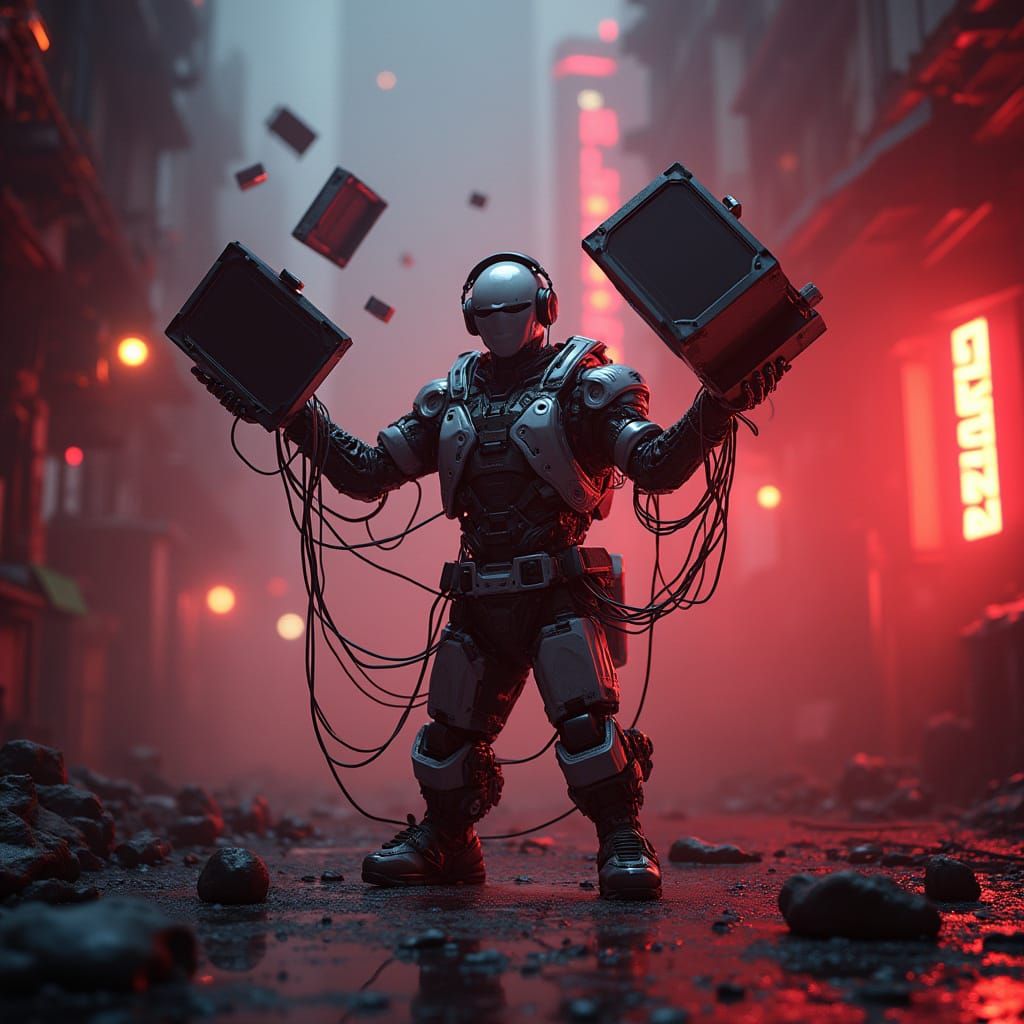 Cyborg Juggler in Neon-Lit Futuristic Cityscape