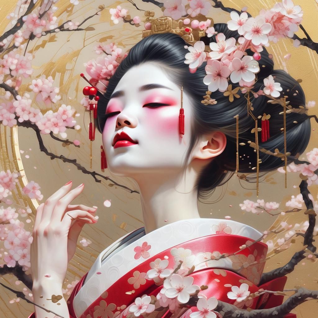 Geisha Maiko Girl Portrait with Cherry Blossoms