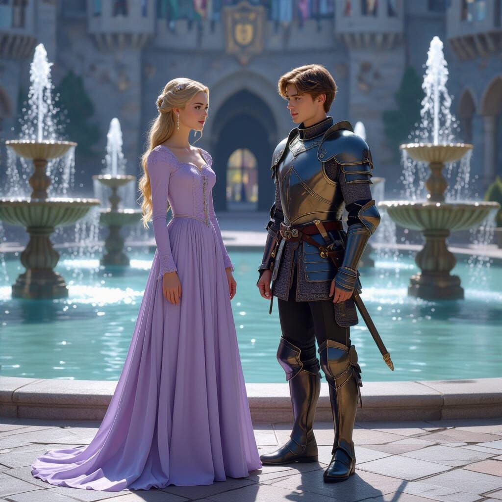 Teenage Couple in Castle Courtyard with Fountains