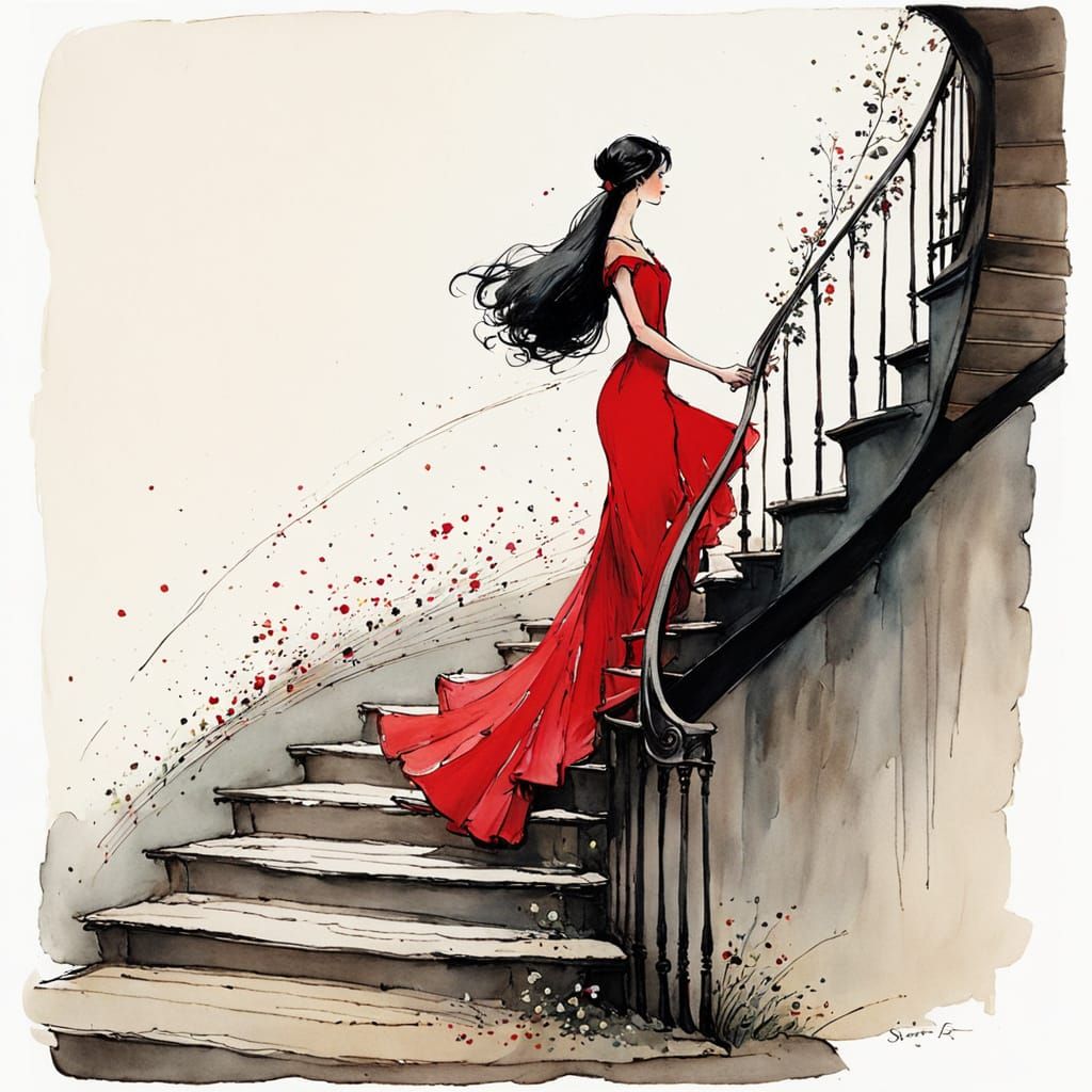 Woman in Red Gown on Stairs in Sketchy Ink Style