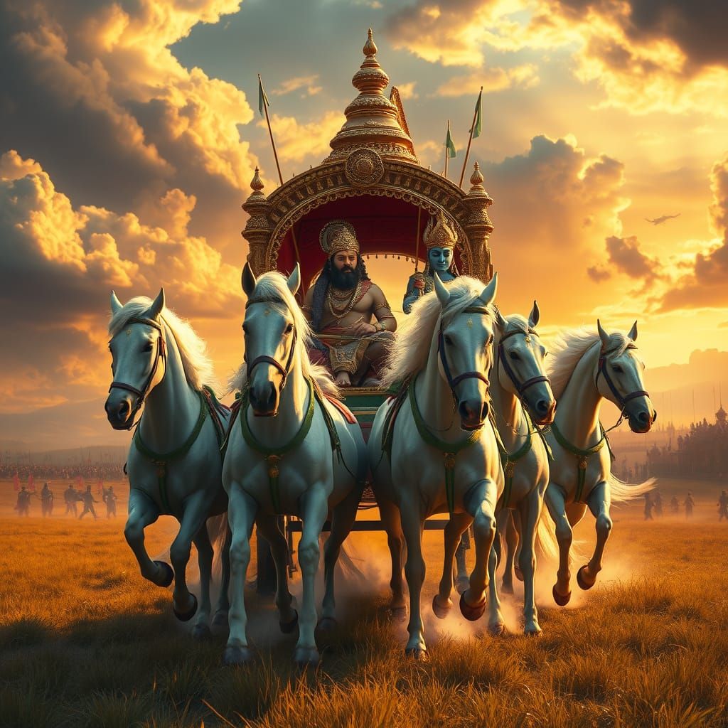 Arjuna and Krishna in Epic Battlefield Chariot Scene
