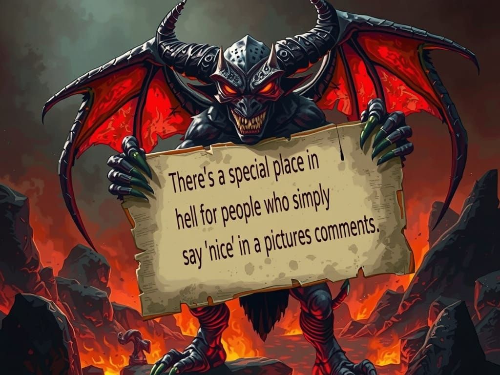 Demonic Figure in Fiery Hellscape Holding a Warning Sign