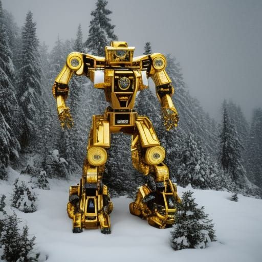 Golden Mecha Robot Climbs Snowy Mountain