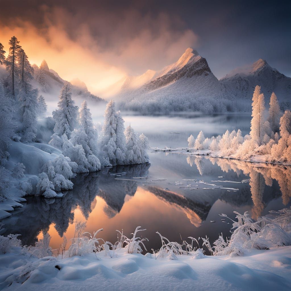 Serene Winter Wonderland Landscape in Golden Light