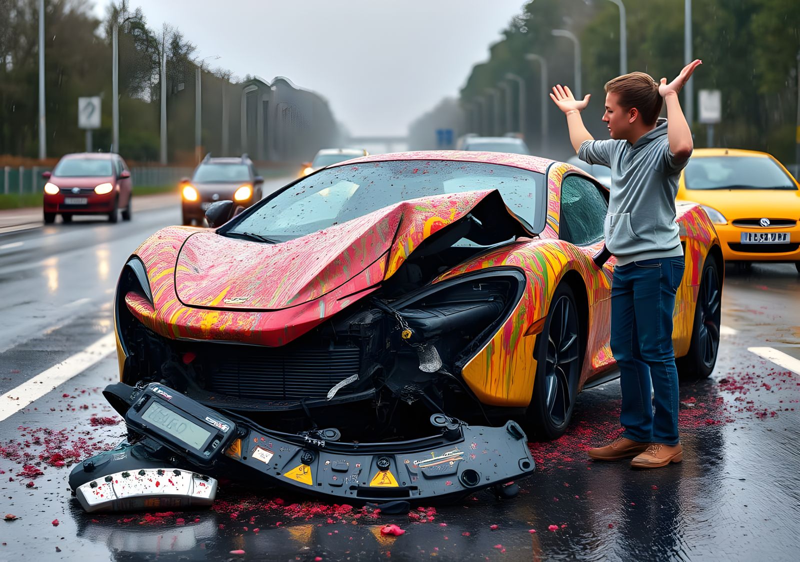 Ink Splatter Art of Crashed McLaren in Rain