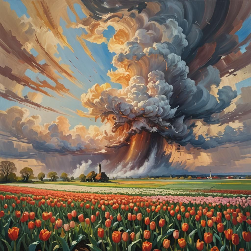 Cyclone Rises From Tulip Field: Impressionist Gouache